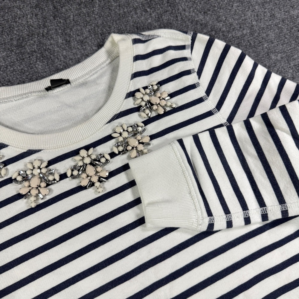 J.Crew Embellished Striped Sweatshirt French Terry Women XXS White Navy Nautical